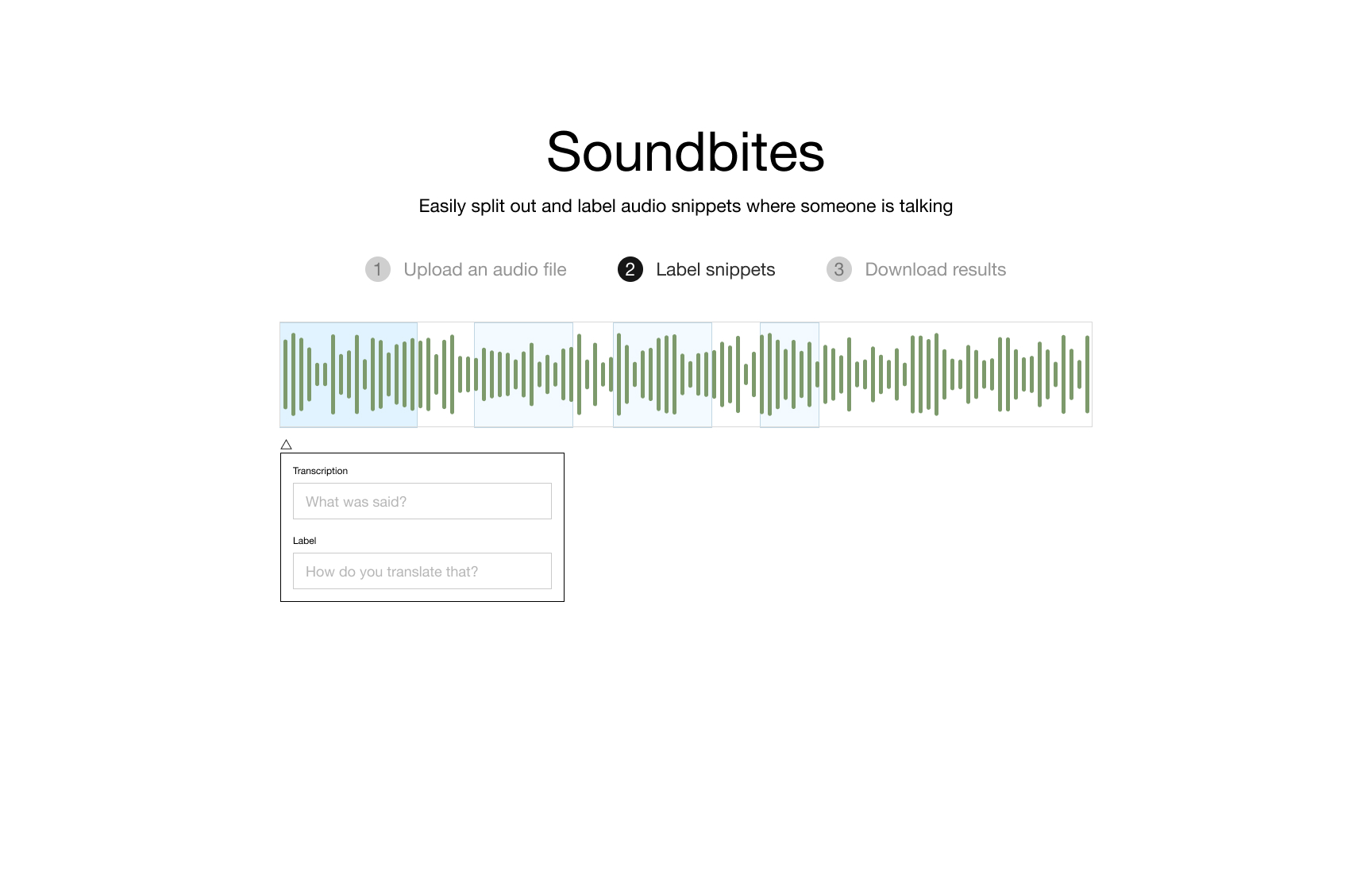 Step 2 of the user flow: specify the snippet data